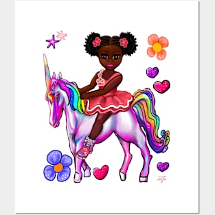 Princess on a unicorn cute black girl African American anime girl Posters and Art